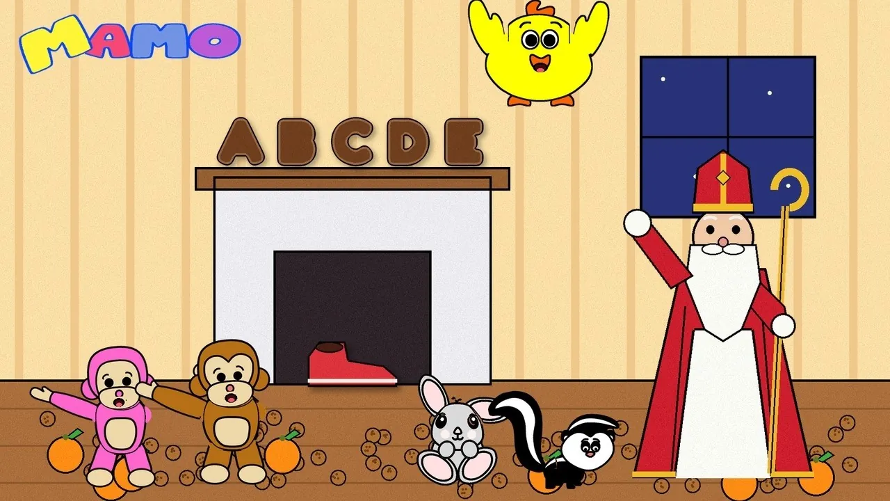 Mamo en zijn vriendjes bij de schoorsteen met Sinterklaas