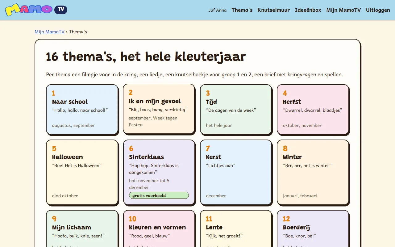Het overzicht van de 16 thema's in MamoTV
